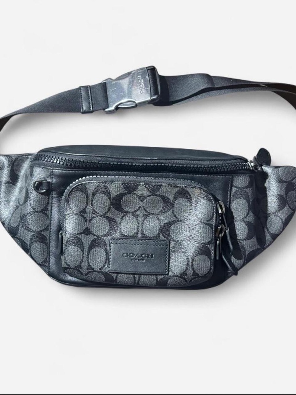 Coach Men’s Signature “Warren” Canvas Belt Bag in Black and Charcoal